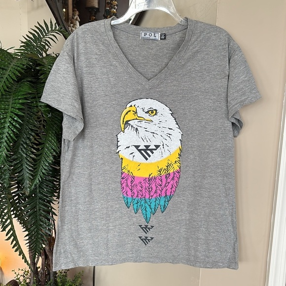 NWOT POL Gray V-Neck Short Sleeved T-Shirt Colorful Eagle Aztec Graphic Cotton - Picture 2 of 12